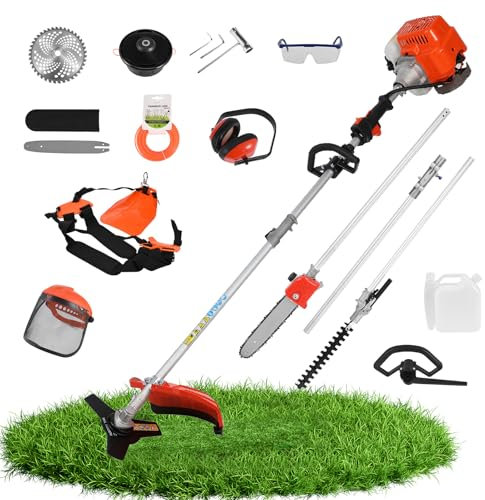 Kasituny 52cc Petrol Strimmer, Brush Cutter 2-Stroke Strimmer Petrol with 2.3kw Engine, 5-in-1 Heavy Duty Strimmer, 10 Inches Petrol Strimmers for Lawn Care, Tree Trimming, and Brush Cutting