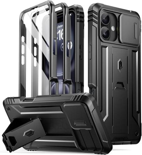 Poetic Revolution fodral för iPhone 16 6,1 tum, [kameraskydd], heltäckande militärkvalitet, robust stötsäkert skydd med ställ och inbyggt skärmskydd, svart