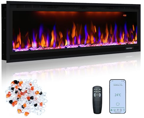 Oxhark Flame 42/106cm Electric Fireplace, Slim Recessed & Wall Mounted Fireplace Heater w/Remote Control, Multicolor flame effects w/Realistic logs, Thermostat with Timer, 750/1500W, Black