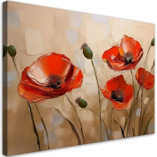 Feeby Leinwand Bilder - Gemalte Mohnblumen - Vlies 120x80 cm - Deko Wohnzimmer - Wandbilder Schlafzimmer - Deko Aesthetic - Wand Deko - Leinwand Groß - Deko Zimmer - Leinwandbilder XXL
