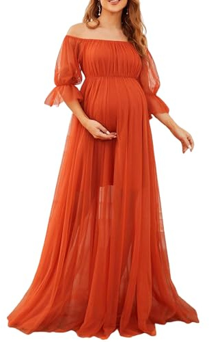 Fiacafyo Robe de maternité à manches longues et épaules dénudées pour femme - Robe longue en tulle avec manches à volants en dentelle - Robe de grossesse pour séance photo, L