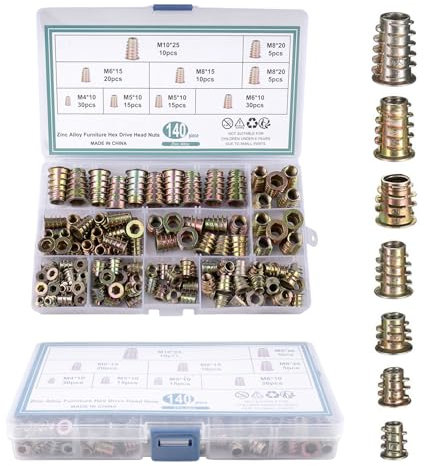 milaosk 140 Pièces Insert Fileté Bois M4 M5 M6 M8 M10,Écrou à Visser en Alliage de Zinc Écrou à Bois à Insert Fileté Écrous à Six Pans Creux pour Meubles en Bois pour Meubles en Bois