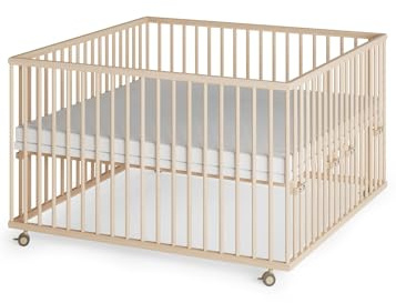 Sämann Laufstall Baby XXL 120x120 cm mit Matratze SleepPlus und 3 Schlupfsprossen | TÜV geprüft | stufenlos höhenverstellbar | Laufgitter Premium | Babybett aus Holz | Krabbelgitter natur