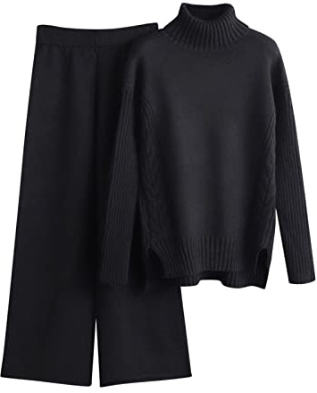 Completi Donna Maglia Eleganti Tute Di Lana 2 Pezzi Larghi Completo Pullover Top Maniche Lunghe E Pantaloni In Vita a Gamba Larga Complete Da Ginnastica Autunnale Invernale Set Di Lavorati Casual