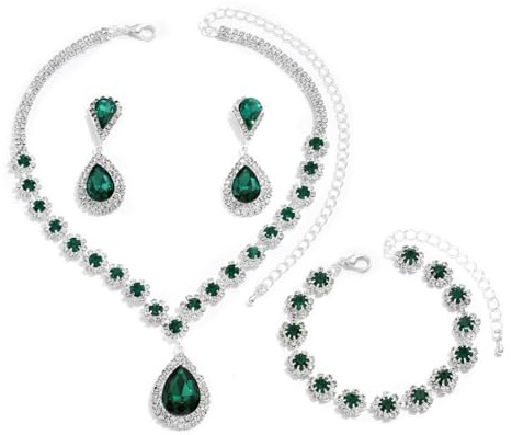 FDEETY Schmuckset für Damen Modische Elegante Schmuck Braut Tropfen Halskette Armbänder Strass Ohrringe Set Anhänger Schmuck Set Geschenke Schmuck(Grün)
