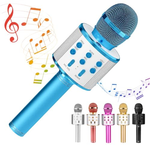 Wireless Bluetooth Microphone with Speaker, Blue, 2600mAh Battery, Portable Karaoke Microphone, Adjustable Sound Effects