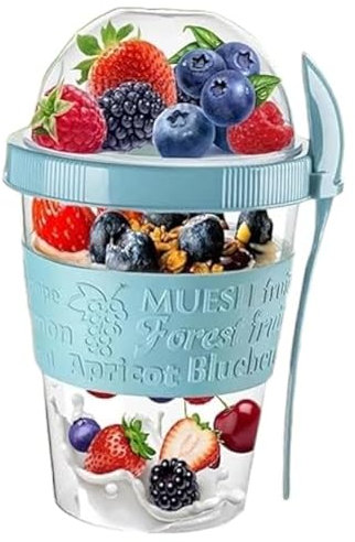Pro Home Yogurt Pot With Spoon & Lid 20oz/600ml BPA Free Reusable Airtight Dishwasher Safe On The Go Yoghurt Pots Muesli Cereal Cup Containers Overnight Oats Jar Storage (Marble Blue)