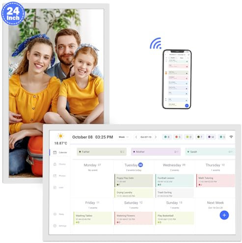 24 Digital Calendar Picture-Frame for-Wall-Planner - Touchcreen Interactive Electronic Calendar Display, Chore Chart, Star Reward, Sync Google iCloud Outlook Via APP, Wall Mount, Gifts for Mom Dad