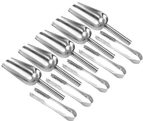 CIYODO Lot De 5 Pelles à Glace Inox 20 Cm Et 5 Pinces à Glace Inox 15 Cm Acier Inoxydable Dents Dentelées Service Buffet Bar Mariage La Cuisine
