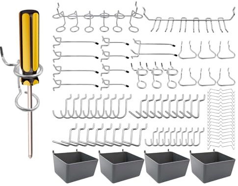 Ganchos de organización de panel perforado, organizador de herramientas de garaje de metal - 80 ganchos de utilidad para herramientas de panel perforado, cerraduras de clavijas, accesorios de