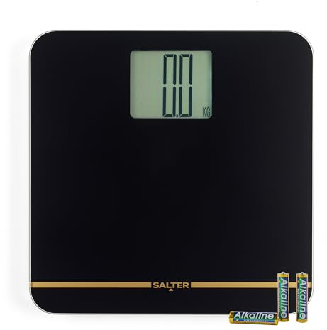 Salter Max Digitalwaage für das Badezimmer – Supersize LCD-Anzeige, 250 kg/550 lbs, Große Plattform, Leicht ablesbares LCD-Display, Teppichfüße & Batterien inklusive, Sofortige Messungen, Schwarz