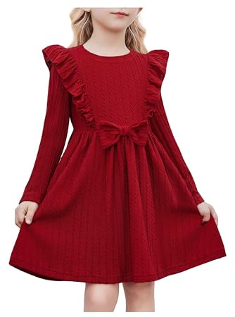Arshiner Niñas Vestidos Mangas con Volantes Niños Pajarita de Punto Acanalado A-Line Fiesta Otoño Invierno Manga Larga Vestidos para Niñas 6-7 Años Rojo Oscuro