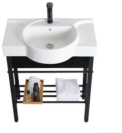 Lavabo de salle de bain en céramique, meuble-lavabo sur pied, console autoportante, lavabo sur pied, vasque ronde en porcelaine avec pieds en métal, étagère de rangement pour buanderie, salle de bain