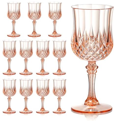 12 Pieces 7 oz Plastic Wine Glasses Pink Reusable Vintage Wine Goblets Vintage Plastic Gin Glasses Unbreakable Drink Glasses Water Goblets for Weddings Parties Outdoor Events BBQ Picnics