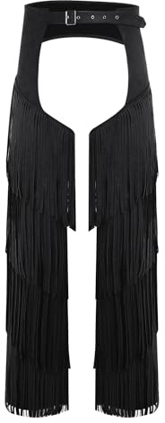 Oyolan Mens Layered Fringe Motorcycle Chaps Adjustable Cowboy Wester Riding Biker Vintage Chap Pants Black Medium