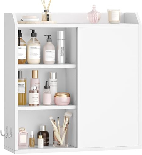 Hzuaneri Hängeschrank, Wandschrank mit Verstellbaren Ablagen, mit Schiebetüren und offenen Regalen, Wandmontierter Badezimmerschrank, 20 x 60 x 60 cm, Weiß BC30203X