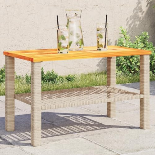 HaoChrymec Gartentisch Beige mit Akazienholz-Platte und PE-Rattan, Loungetisch Outdoor, Beistelltisch Garten, Wetterfest, UV-beständig, 70 x 38 x 42 cm