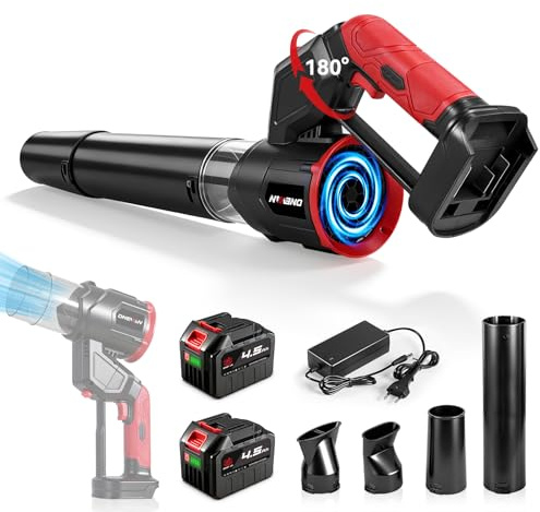 ONEVAN Soplador de Hojas sin Escobillas 180°Giro 180km/h Velocidad 2x4,5Ah | 3 Marchas regulables, Motor sin escobillas 525W, Caudal de aire 558 m³/h, Pantalla LED, 4 Boquillas, Limpieza jardín & nieve