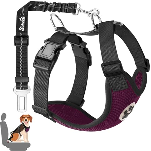 SlowTon Hundegeschirr mit Sicherheitsgurt für Auto, Doppellagiges atmungsaktives Latex-Netzgewebe Welpengeschirr, reguläres Sicherheitsgeschirr Hund für alle alltäglichen Sportarten(Burgund, XS) | Verstellbarer, elastischer Sicherheitsgurt, multifunktionale, atmungsaktive Stoffweste, Fahrzeugfahrt und den täglichen