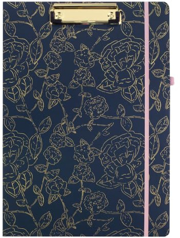 Steel Mill & Co Niedliches Klemmbrett mit nachfüllbarem, liniertem Notizblock und Innentasche, Padfolio für die Arbeit, Marineblau mit Blumenmuster