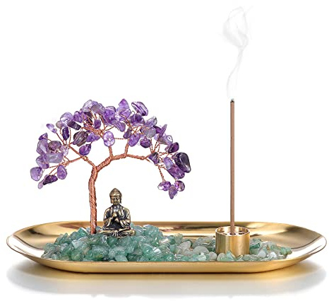 Jovivi Kristall-Räucherstäbchenhalter für Stäbchen, Amethyst-Heilkristallstein, Geldbaum, Buddha-Statue, Set, Räuchergefäß, Räucherschalen für Reichtum, Glück, Yoga, Meditation, Heimdekoration