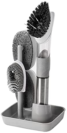 SacJkt Set di spazzole e spugna, spazzola per piatti con dispenser di sapone e supporto, spazzola per strofinare con manico, salvaspazio, 3 testine di ricambio, ideale per piatti, lavelli, pentole