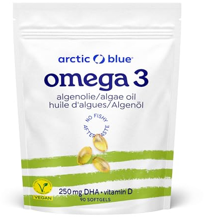 Arctic Blue Oméga-3 Végétal 90 Capsules — 250mg de DHA + 20mcg de Vitamine D3 par Capsule — Huile de Microalgues Durable — 100% Vegan, Haute Pureté, Sans Goût, Soutient Cerveau, Vision, Os et Immunité