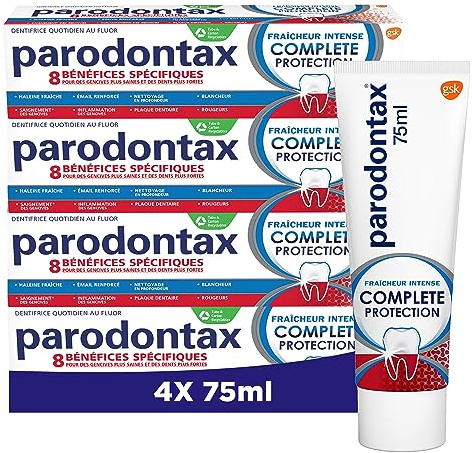 Parodontax Dentifrice Complete Protection Fraîcheur Intense, 8 Bénéfices, Anti-tartre et Contre le Saignement Occasionnel des Gencives, Format 4x75 ml