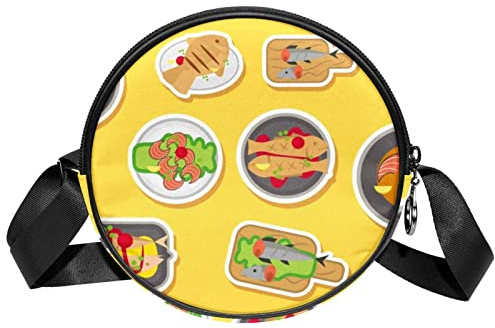 Rund axelremsväska kurirväska för kvinnor fiskstek, flerfärgad, 6.7x6.7x2.3 in, Sling ryggsäckar