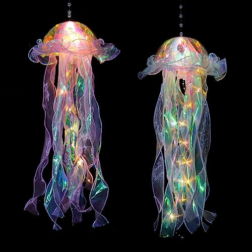 UXORSN 2 Stück glitzernde schillernde Quallen-Lampen, Meerjungfrauen-Quallen-Laternen, blau, lila, Quallen-Set unter dem Meer, Meerjungfrauen-Party-Dekoration, hängende Quallen, Lampe, Geburtstag