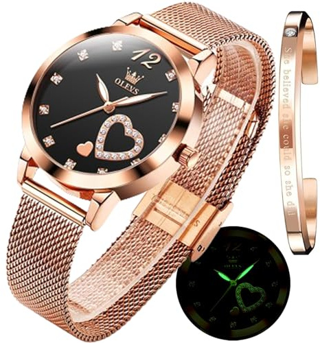 OLEVS Conjunto de Regalos de Relojes Femeninos con Pulsera Rosa Oro Dama Minimalista, Simple, Ligero y Casual simulación de Relojes de Cuarzo Impermeables y Bicolor