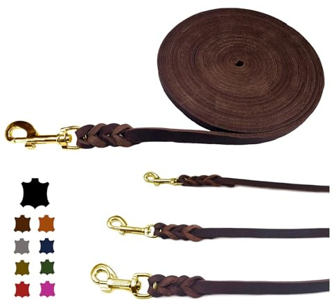 Hundeleine Fettleder/Schleppleine Leder Messing/Lederleine kleine Hunde & große Hunde / 2m / 3m / 5m / 10m / 15m /20m (Braun MIT Handschlaufe, 3m / 15mm)