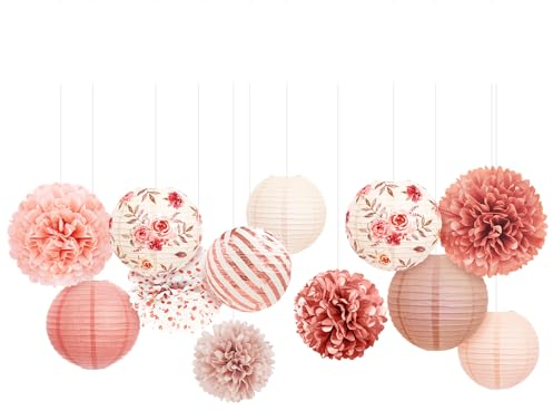 NICROLANDEE Lot de 12 lanternes en papier rose et pompons en papier de soie pour décoration de mariage, fête prénatale, fête d'anniversaire