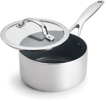 GreenPan Valencia Pro Tri-Ply Stainless Steel 1.5QT Saucepan with Lid, Healthy Ceramic Nonstick PFAS-Free PFOA-Free Coating, Multi Clad Cookware, Induction, Dishwasher Oven and Broiler Safe