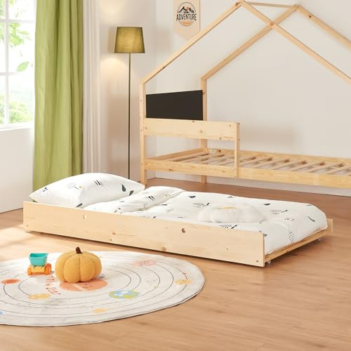 [en.casa] Cama Nido para Niños Niñas Estilo Montessori Cama Infantil con Cajón/Cama Extraíble Barandilla y Somier Forma de Casa máx. 100 kg/Cama Madera de Pino 90 x 200 cm - Natural/Negro