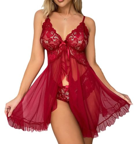 FFWTPY Lingerie Sexy Nuisette Femme Décolleté V Chemise de Nuit Tulle Ensemble de Lingerie en Dentelle Bretelles Reglables Babydoll avec G-String Robe de Nuit Femmes