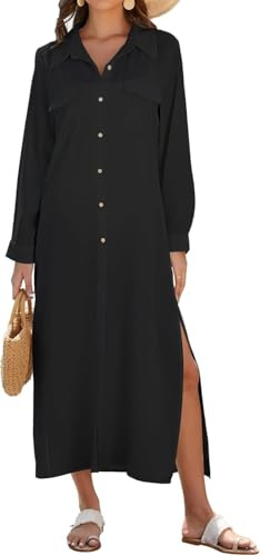 Bsubseach Damen Bademode Cover Ups Langarm Knopf Hemdkleid Strand Cover Up Kimono Beachwear Urlaub Schwarz XXL