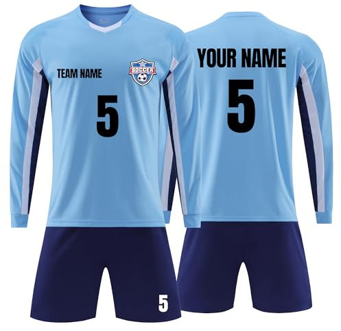 Faletony Personalisiertes Fussball Trikot Kinders Erwachsene Fussball Trikot Set mit Name Nummer Team Logo Benutzerdefiniert Trikot (DE/NL/SE/PL, Alphanumerisch, L, Regular, Regular, Seeblau)