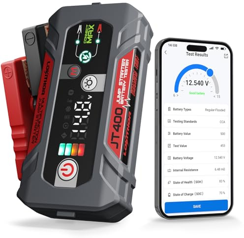 LOKITHOR JT400 Starter Powerbank 2500A mit Batterietester 100–2000 CCA | 3-en-1, Pour Essence 8.5L & Diesel 6.5L