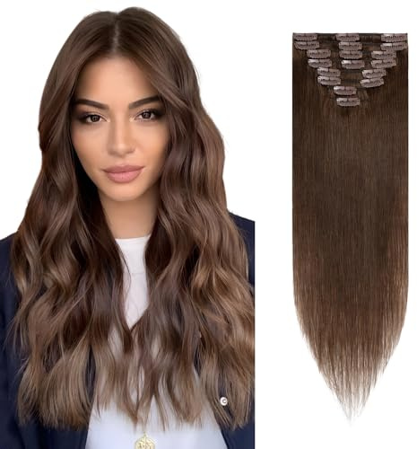 Rich Choices Clip in Extensions Echthaar 8 Stück Clip Extensions 25cm #4 Mittelbraun Haarverlängerung Echthaar Remy Seidig Gerade Invisible Clip ins Haar Extensions Natürlich - Dünne Tressen