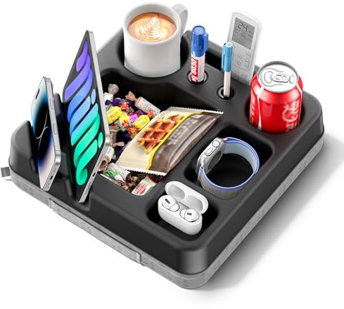 Couch Cup Holder Tray - Portable Sofa Bed Cup Holder Pillow with Snack Tray, Remote Caddy, Pen, Phone & Tablet Holder - Couch Table Organizer for Bed, Sofa, RV, Car, Boat, Picnic