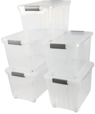 Jolie Max 44L Storage Boxes with Wheels, Durable Plastic Storage Containers with Lids, Stackable & Nestable Design with Side Latching Buckles, Transparent High-Grade Plastic – 52 x 38 x 35 cm (5)