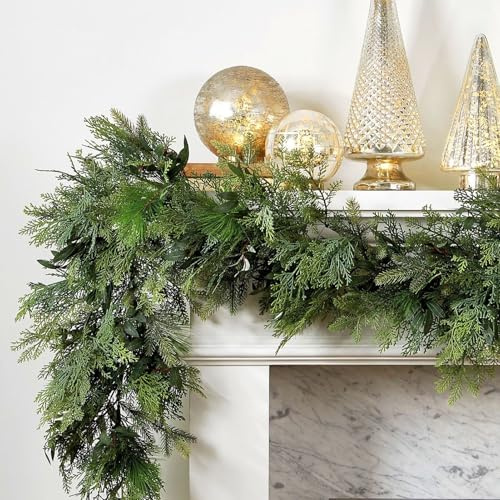 Künstliche Kiefer Grün Zypressen Girlande 180/200cm, Weihnachtsgirlande für Innen und Aussen, Weihnachten Aesthetic Deko Tannengirlande, Girlande Weihnachten Tannengrün von Wände und Treppe (280CM)