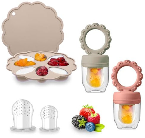 Comedero de frutas para bebés (4 meses en adelante), incluye chupete de dentición y molde para congelar leche materna, chupete de frutas sin BPA para el destete del bebé, calmante y autoalimentación