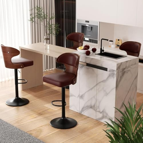 Hawthyhome Barhocker 4er Set mit Nussbaumholz Barstuhl Braun | 360° Drehstuhl, Rückenlehne, Fußstütze, Nussbaumholz, Kücheninsel, Bistrohocker, Hausbar, Esszimmer