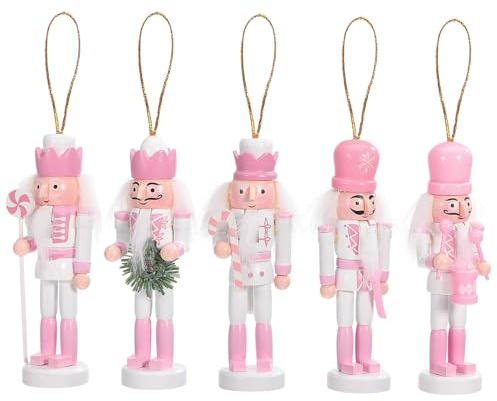 Garneck Weihnachts-Nussknacker-Figur: 5-teiliges Set rosafarbener Nussknacker aus Holz zum Aufhängen, Weihnachtsschmuck Weihnachtsdekoration