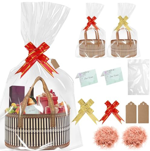 2 Pcs Empty Hamper Baskets kit, Large Woven Bamboo Gift Basket Hamper Kit with Handles, Sturdy Hamper Baskets for Gifts Empty to Fill for Christmas Birthday Baby Shower Wedding (Bamboo)