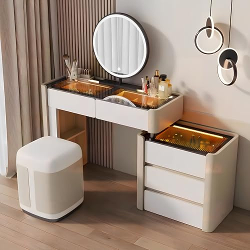 Dressing Table Set with LED Mirror & Stool - Tempered Glass Vanity Desk with Wooden Storage Tables Leg & Storage Cabinet for Makeup Organizer, Contemporary Bedroom Furniture (Full Set) (Khaki)