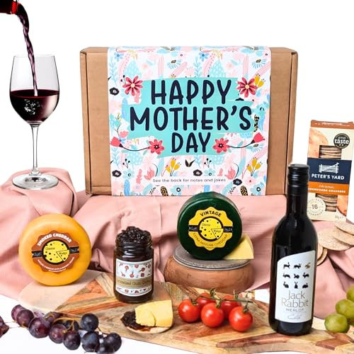 Mother’s Day Cheese & Red Wine Gift Hamper | Gourmet Food, Foodies, Cheddar, Crackers & Chutney Gift Set for Mum (Red Wine & Cheese Gift Box)