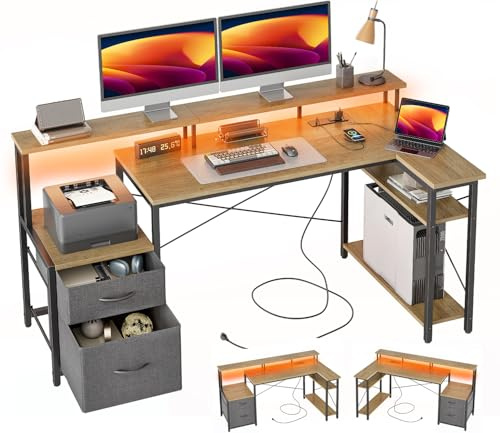 BEXEVUE Bureau d'angle, 150x80cm Ergonomique Bureau Forme L, 2 Tiroirs Etagères Rangement Réversibles, Grand Support Ecran, Moderne Table Ecriture pour Etudier Jouer Chambre Maison, Gris